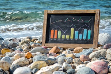 A colorful financial growth chart on chalkboard sits on a rocky beach, illustrating trends against the backdrop of crashing ocean waves for a striking visual impact