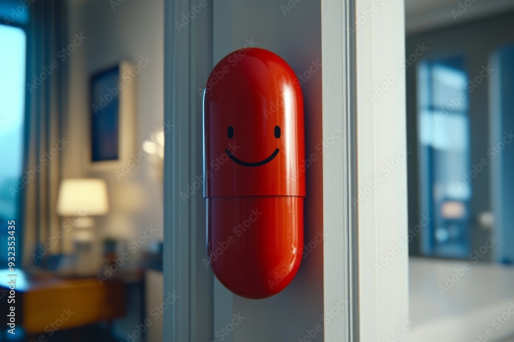 Poster minimalistic and charming illustration of a single capsule character with a happy face set against a