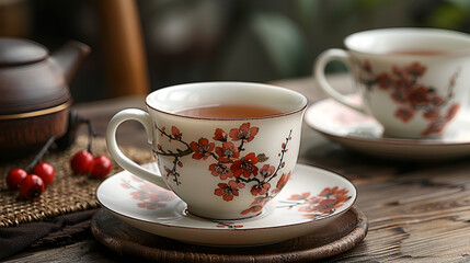 Fototapeta premium a cup of tea with a saucer and saucer on a wooden surface