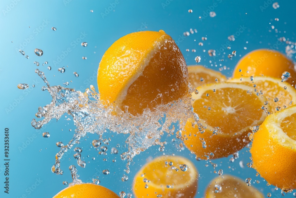 Poster ripe oranges are playfully tossed into the air, sending droplets of juice flying against a bright bl