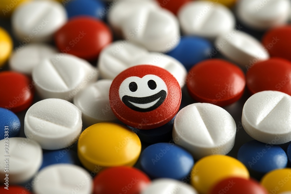 Poster dynamic and colorful scattering of various pills and capsules with a single smiling face symbolizing
