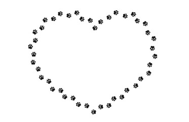 Heart shaped frame with animal paw print. Black silhouette track of dog or cat paw prints. Frame with paw prints of pets for decoration of shop windows, websites, etc. Vector illustration.