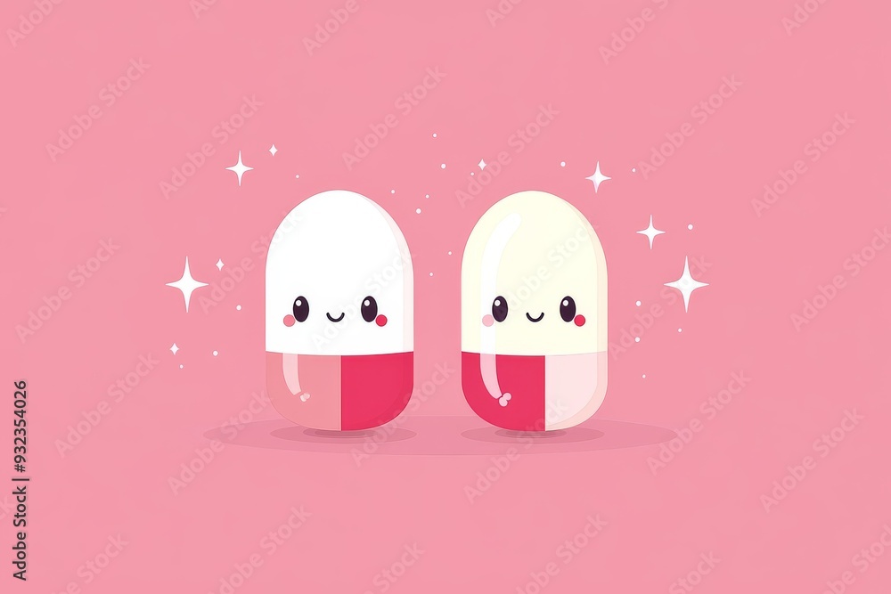 Poster Adorable and minimalistic illustration of two capsule characters with smiling faces set against a pink background symbolizing simplicity and joy in healthcare