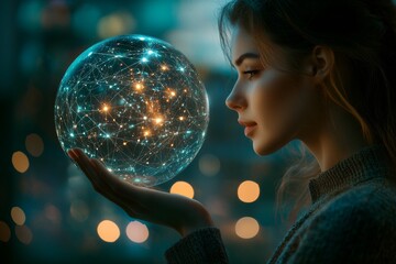 Naklejka premium A professional woman gazes thoughtfully at a glowing holographic globe symbolizing global connectivity in a dynamic urban environment