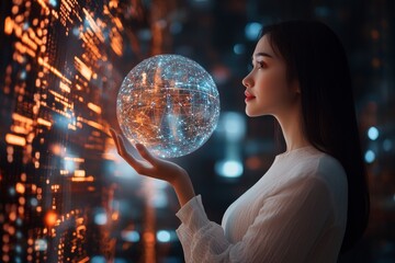 Naklejka premium A professional woman holds a holographic globe, symbolizing global networks, against a backdrop of illuminated digital data and technology