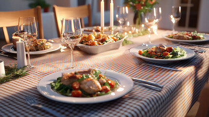 a family dining table with home-cooked dishes, a checkered tablecloth, and candles