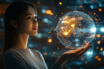Naklejka premium A professional woman holds a holographic globe, symbolizing global connectivity, while gazing thoughtfully in a tech-inspired office setting