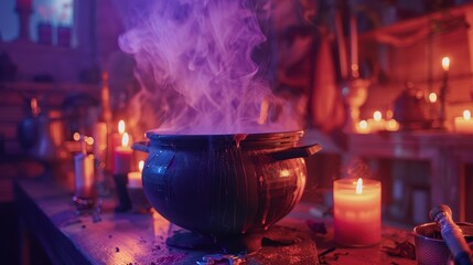 A mystical cauldron emits colorful steam, illuminated by flickering candles in a dimly lit space
