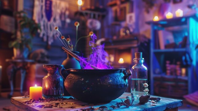 A cauldron simmers with vibrant potion while candles and magical items illuminate the cozy, mystical atmosphere