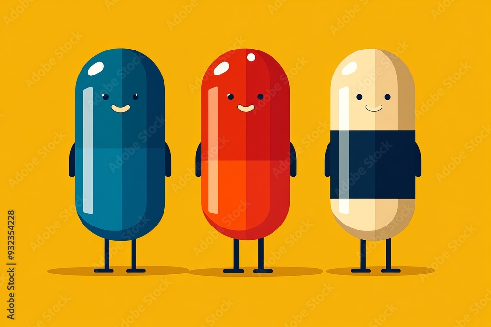 Poster adorable and vibrant illustration of three capsule characters standing together set against a yellow