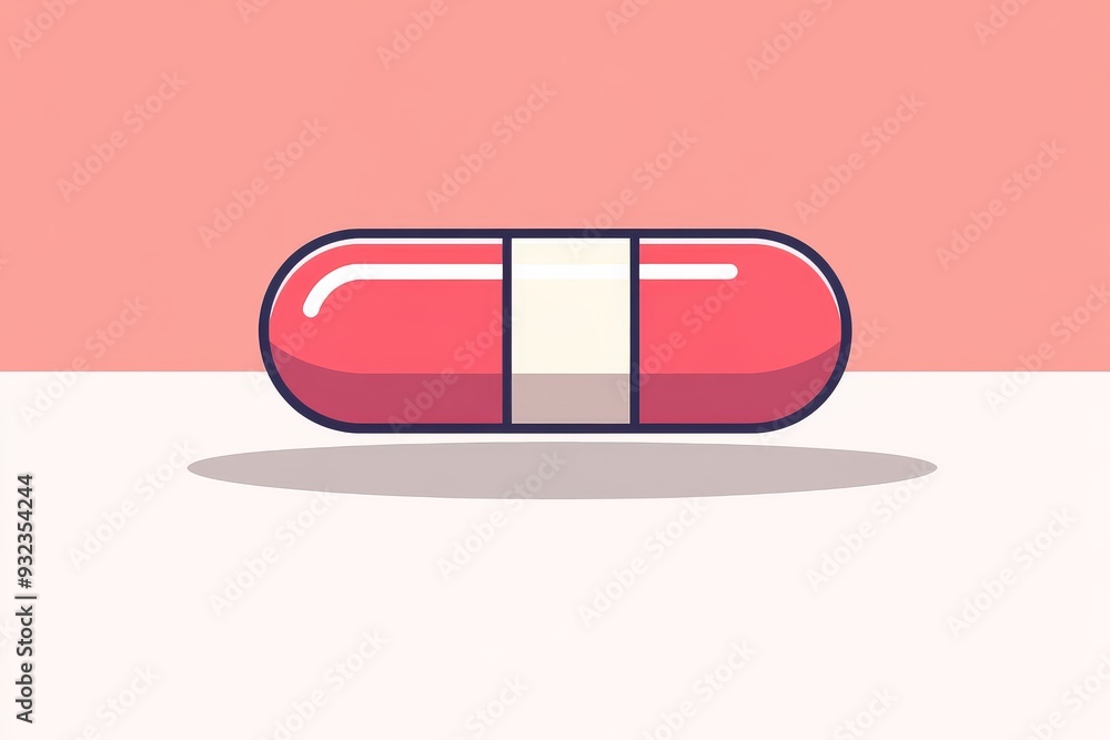 Poster minimalistic and charming illustration of a single red and white capsule character with a happy face