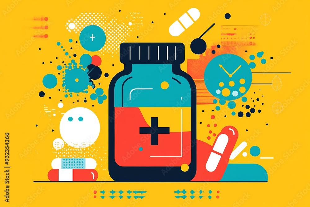 Poster dynamic and vibrant illustration of a pill bottle character with a cross symbol surrounded by variou
