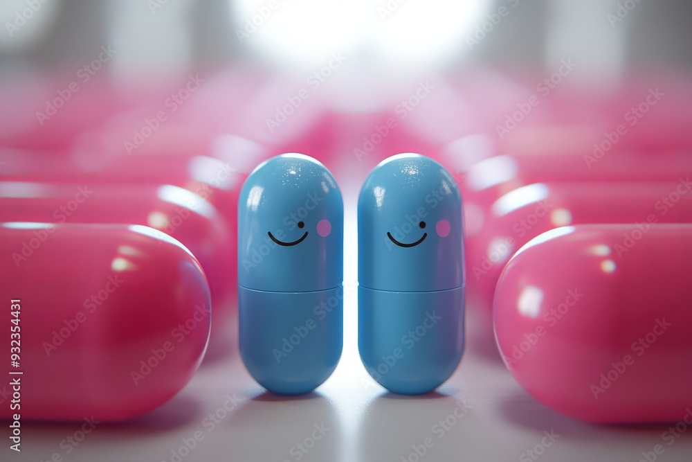 Poster Charming and minimalistic close up of two capsule characters with happy faces set against a soft background symbolizing simplicity and positivity in healthcare