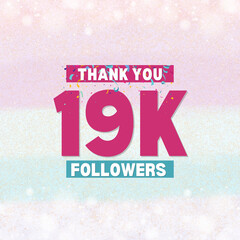 Fototapeta premium Thank you 19K Followers celebration banner design with pastel colors and colorful confetti