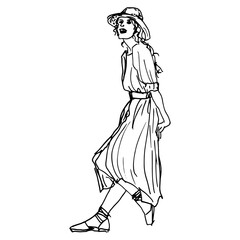 Standing young woman in summer clothes. Smiling blonde lady wearing dress and sun hat. Female portrait. Hand drawn linear doodle rough sketch. Black and white silhouette.