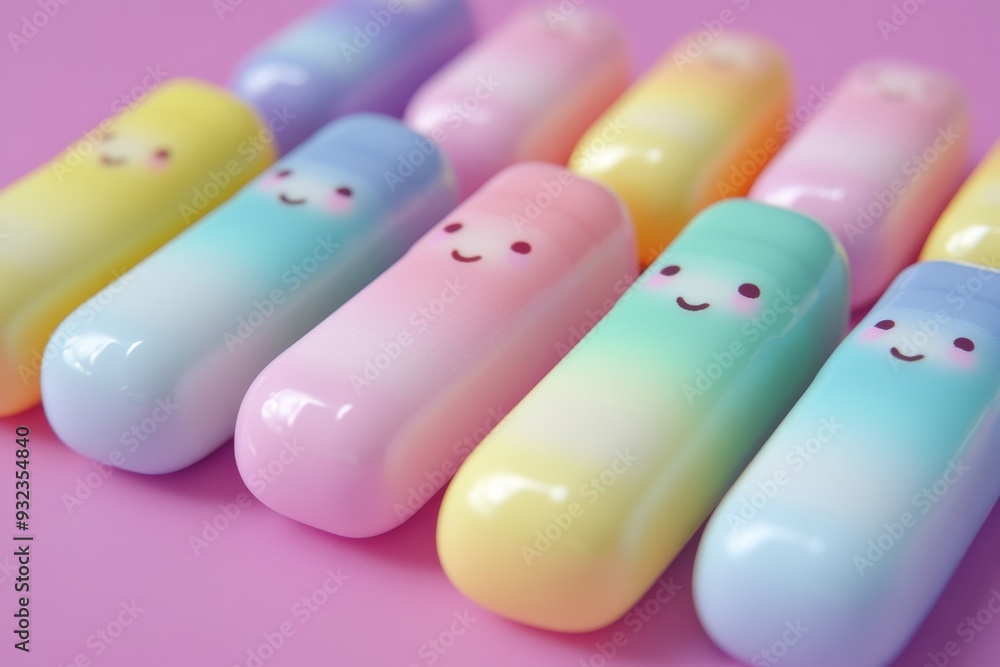 Poster adorable and minimalistic illustration of pastel colored capsule characters with happy faces set aga