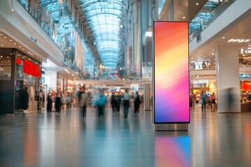 A large advertising banner stands prominently in a busy shopping mall, capturing shoppers' attention amid a vibrant atmosphere filled with people