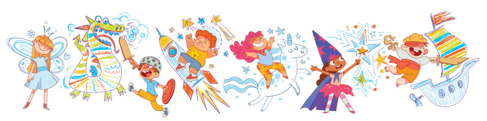 Childhood dreams and fantasies. Kids imagination. Fairy tales for children. Fantasy children's drawings on the wall with colored crayons. Scribble in the background. Funny cartoon characters. Isolated