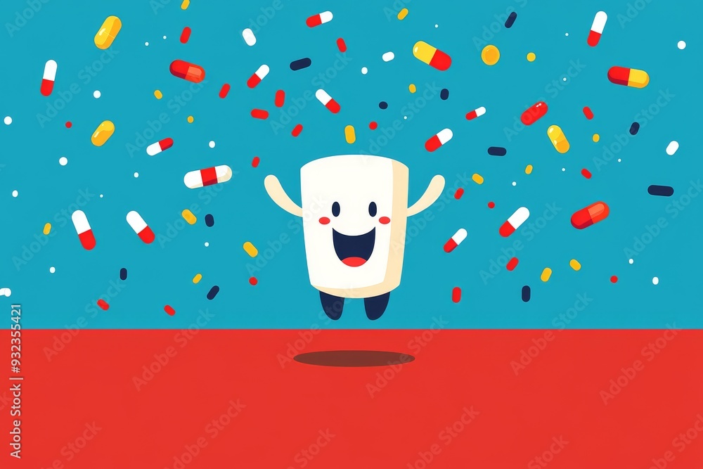 Poster dynamic and lively scattering of various colorful pills and capsules with a central smiley face symb