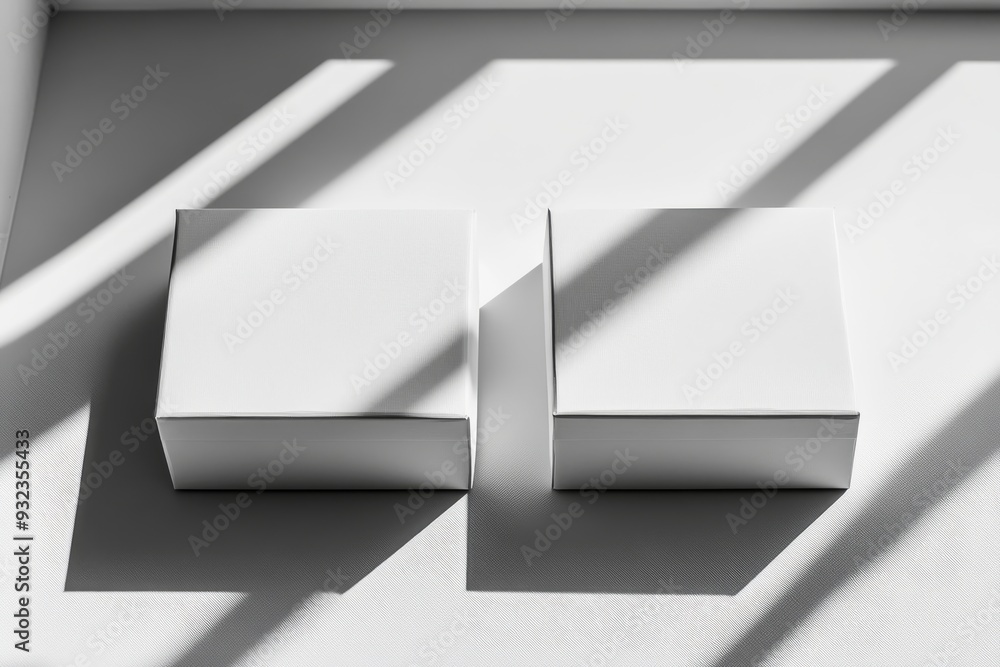 Poster two white boxes are positioned closely on a smooth surface, casting soft shadows while capturing nat