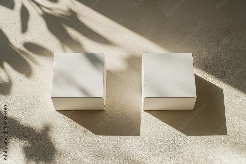 Poster two white boxes are positioned closely, creating delicate shadows on a smooth surface, illuminated b