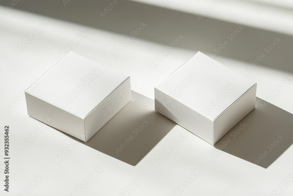 Poster two white boxes are positioned side by side, creating a minimalist aesthetic with gentle shadows in 