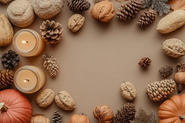 Candles, walnuts, pine cones, and pumpkins create a warm autumn atmosphere arranged in a harmonious flat lay on a neutral backdrop