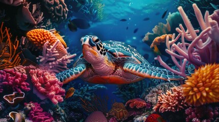 A turtle swims through a colorful coral reef, with sea anemones and fish visible in the background