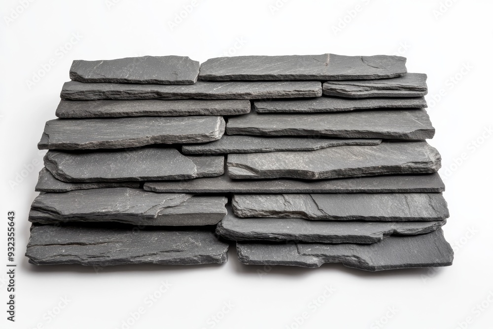 Poster neatly arranged weathered gray slate tiles showcase their textured surfaces and varying shapes in a 