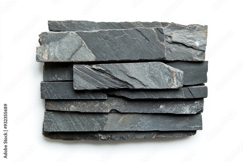 Poster a neat stack of weathered gray slate tiles is arranged in a slightly offset pattern, highlighting th