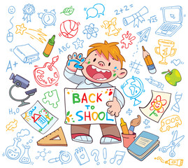 Funny boy holding a painted sign back to school. Template for design. Baby scribbles on the wall. Template for design. Cartoon character. Vector illustration. Isolated on white background