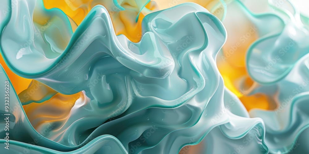 Poster close-up view of a 3d fluid simulation displaying gentle rounded shapes in blue and yellow, highligh