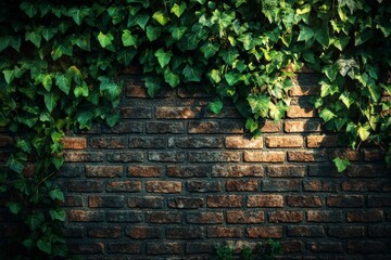 A weathered brick wall intertwined with vibrant ivy creates a rustic backdrop, illuminated by soft afternoon light