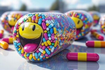 Charming and detailed illustration of a colorful capsule character covered in tiny pills symbolizing creativity and energy in healthcare