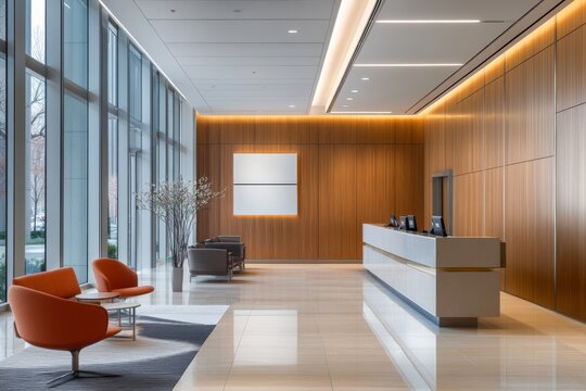 The reception area showcases a minimalist design with wooden paneling, sleek furniture, and ample natural light creating a welcoming corporate environment