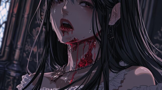 A vampire bites a young woman in a gothic room, blood dripping from her neck, illustrating a dramatic medieval atmosphere