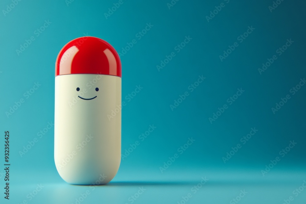 Poster charming and minimalistic close up of a single capsule character with a smiling face set against a t