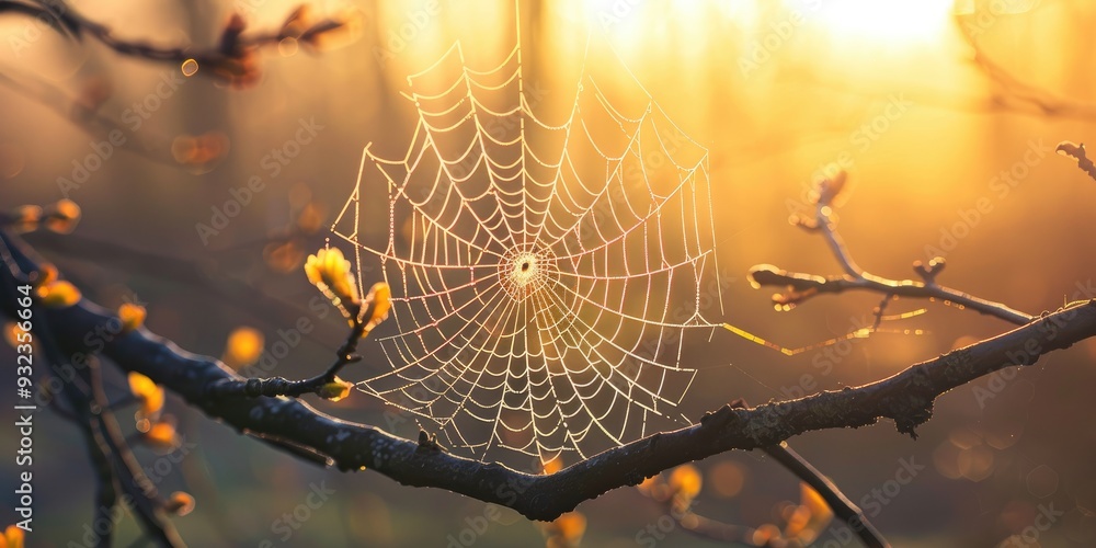 Poster branch with spider web in the golden hour of a spring sunset