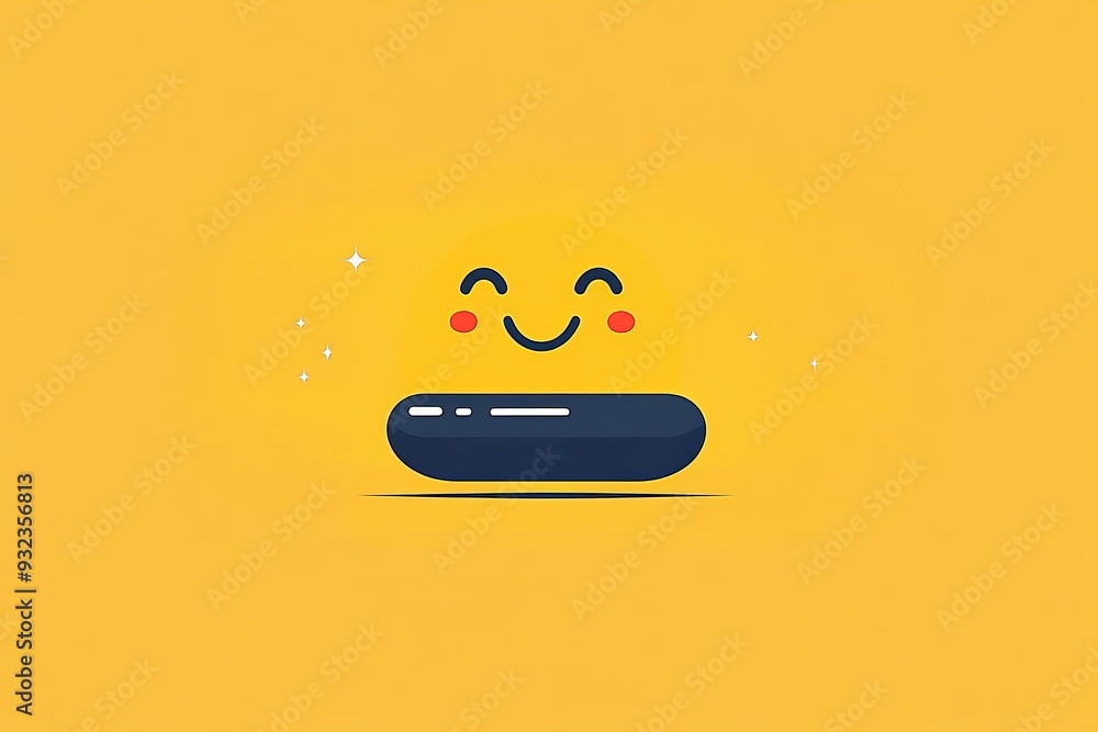 Poster minimalistic and detailed close up of a single capsule character with a happy face set against a yel