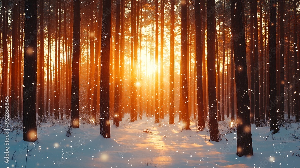 Poster a snowy forest path with the sun setting through the trees.