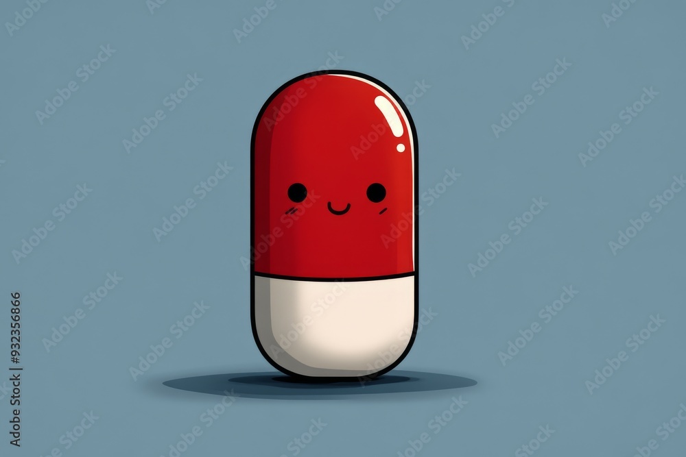 Poster charming and minimalistic illustration of a single capsule character with a smiling face set against