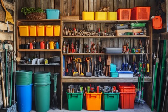 A well-organized tool shed features neatly arranged gardening tools and colorful bins for efficient storage and easy access