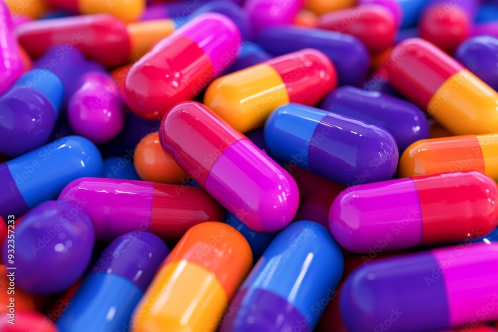 Sticker Dynamic and colorful close up of vibrant pills and capsules scattered in a pile symbolizing diversity and energy in modern medication and healthcare