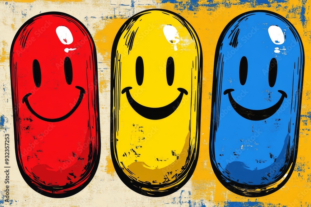 Poster playful and vibrant illustration of three smiling capsule characters in primary colors set against a