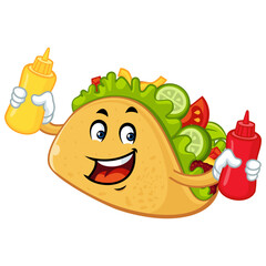 Taco Cartoon Character Holding Mustard and Ketchup Bottles.