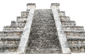 Fototapeta premium This ancient Mayan pyramid features intricately carved stone steps, standing proudly against a bright white backdrop in a serene environment
