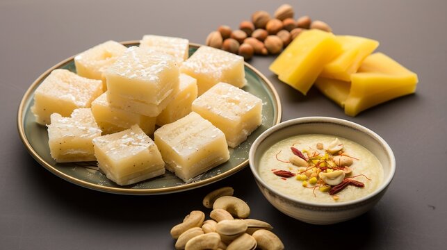 Plate of Khaja a traditional Indian sweet served alongside a bowl of shrikhand with saffron and nuts