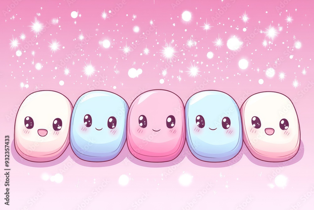 Poster charming and vibrant illustration of smiling capsule characters lined up against a sparkling pink ba