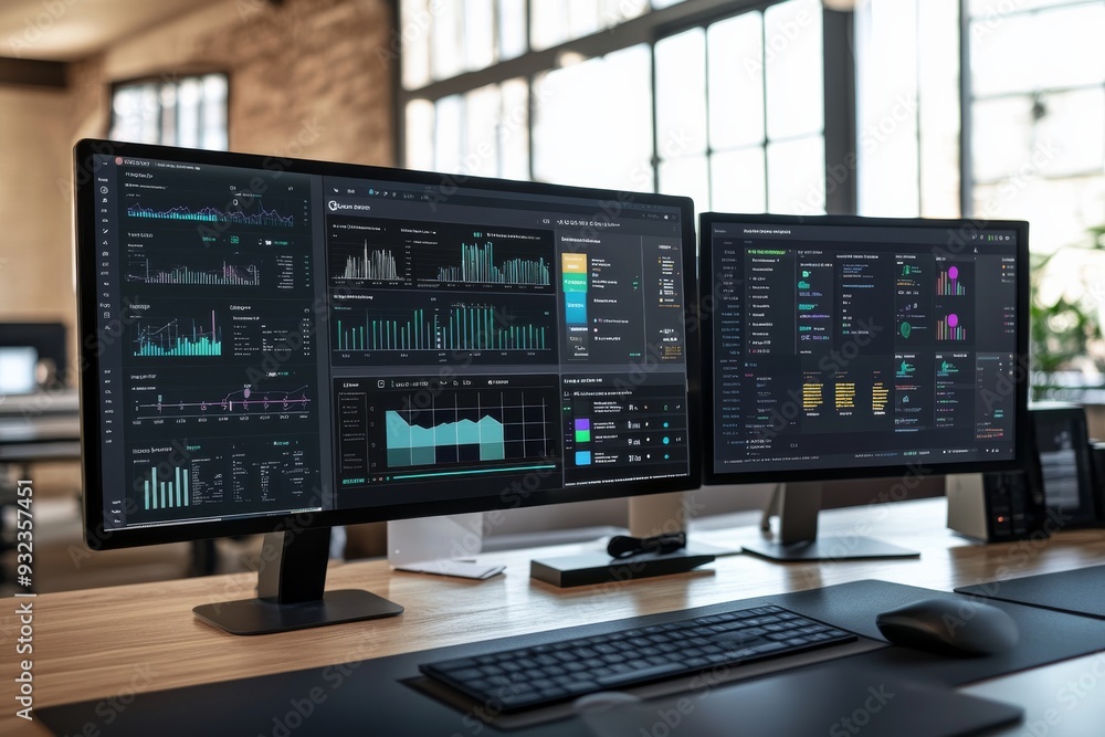 Poster in a spacious office, multiple screens display vibrant data analysis and digital marketing strategie