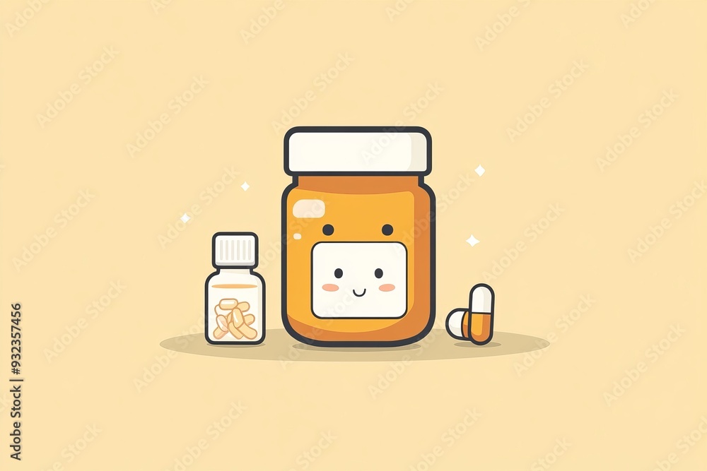 Poster dynamic and vibrant close up of smiling capsule characters immersed in a sea of colorful pills symbo